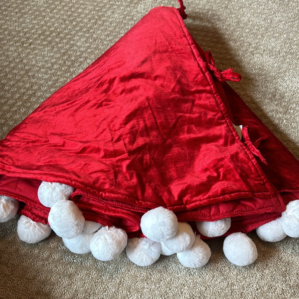 Red Velvet Tree Skirt white Pom poms